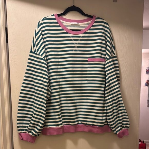 Striped Green and White Sweater with Pink Accents - Picture 1 of 5